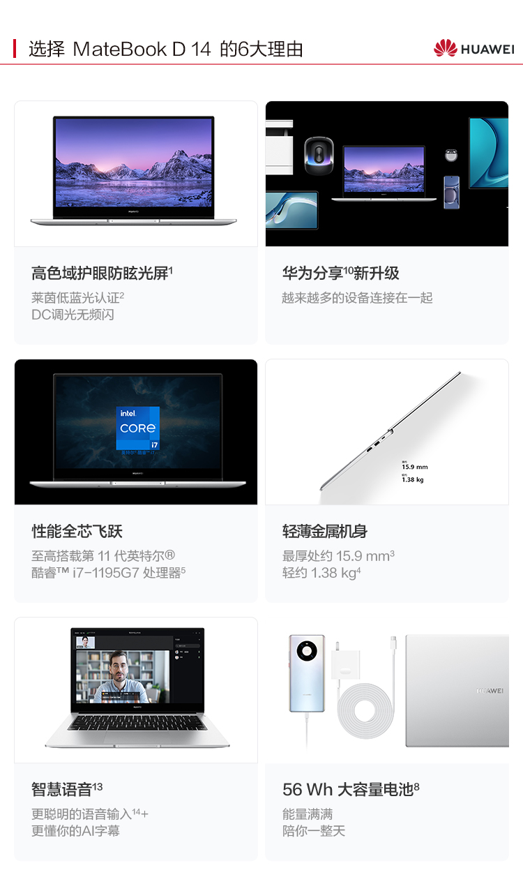 华为笔记本电脑MateBook D 14 2022款 14英寸 11代酷睿 i5 16G+512G 锐炬显卡 轻薄本/护眼全面屏 银