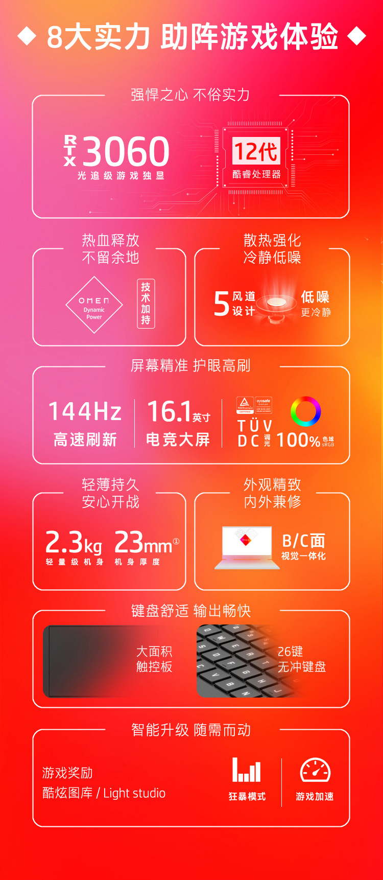 惠普(HP)暗影精灵8 16.1英寸游戏笔记本电脑(12代酷睿i7-12700H RTX3060 6G独显 16GDDR5 512G 144Hz 高色域)