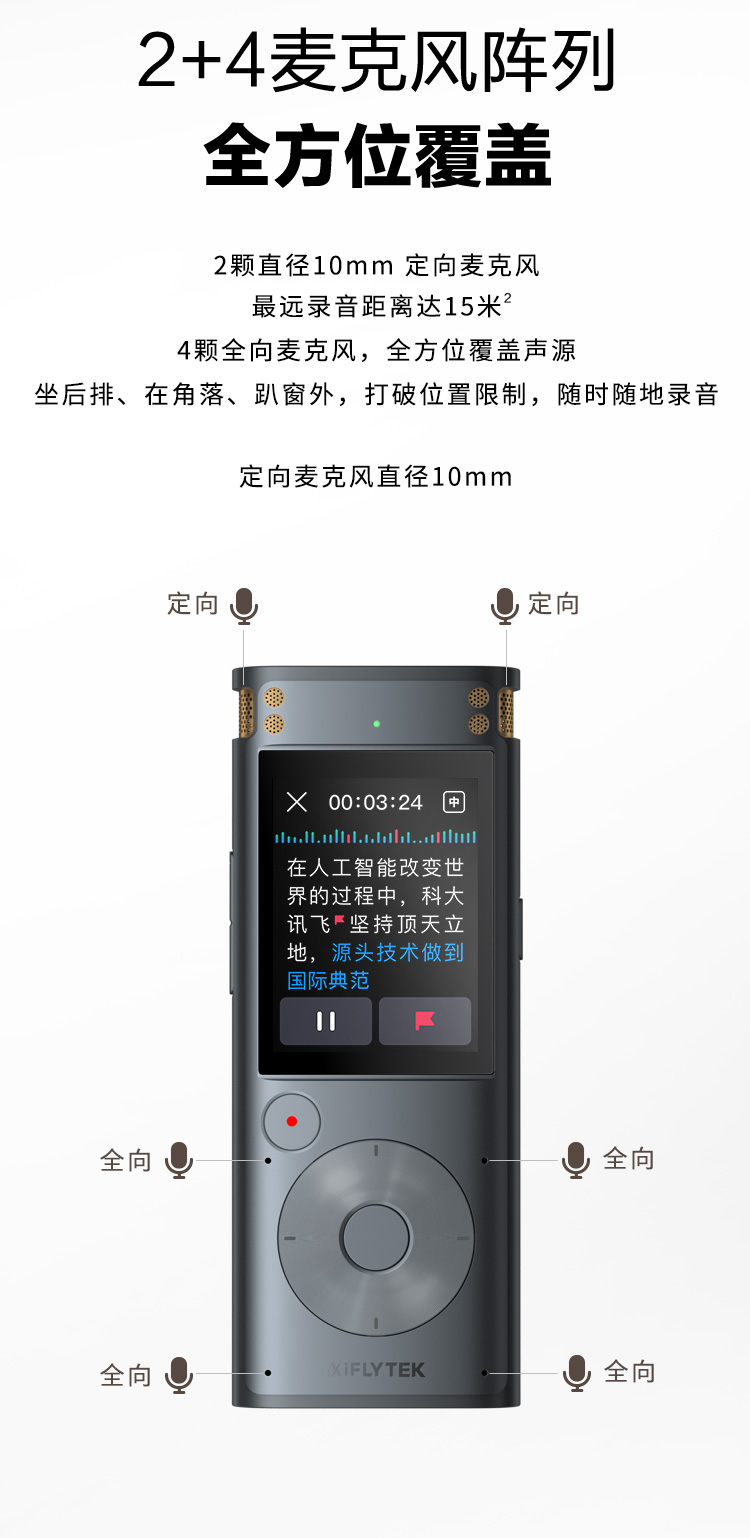 科大讯飞AI智能录音笔SR302Pro录音笔转文字 专业级降噪 360°拾音 免费转写