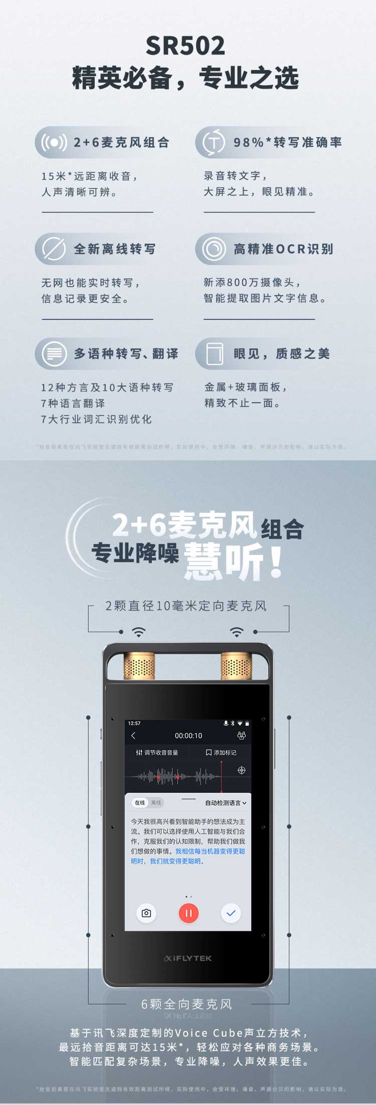 科大讯飞 AI智能录音笔SR502 录音笔转文字 视频实时翻译 OCR识别 离线转写 免费转写 16G+云储存