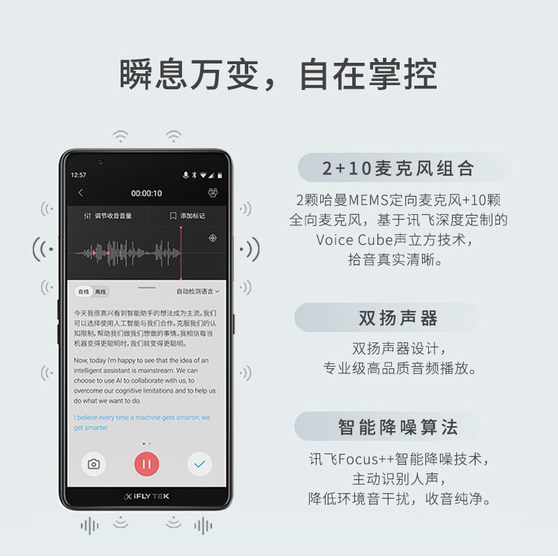 科大讯飞 AI智能录音笔SR901 录音转文字 视频实时翻译 2+10麦克风拾音 OCR识别 离线转写 64G+云储存 钢琴黑