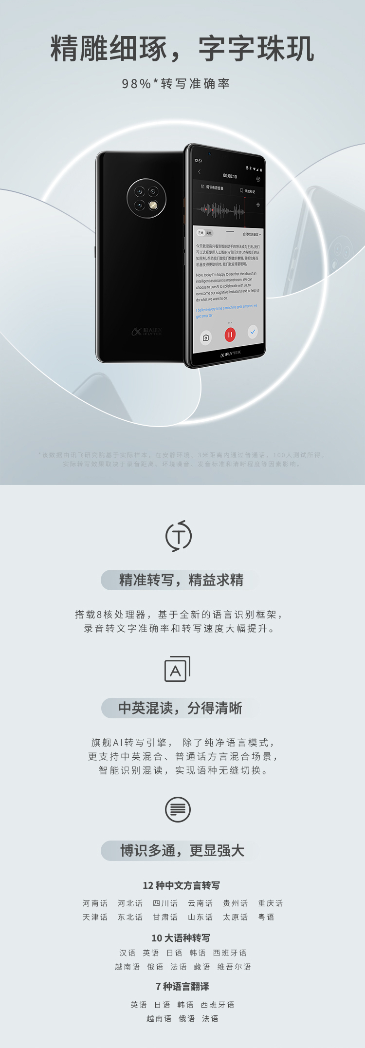 科大讯飞 AI智能录音笔SR901 录音转文字 视频实时翻译 2+10麦克风拾音 OCR识别 离线转写 64G+云储存 钢琴黑