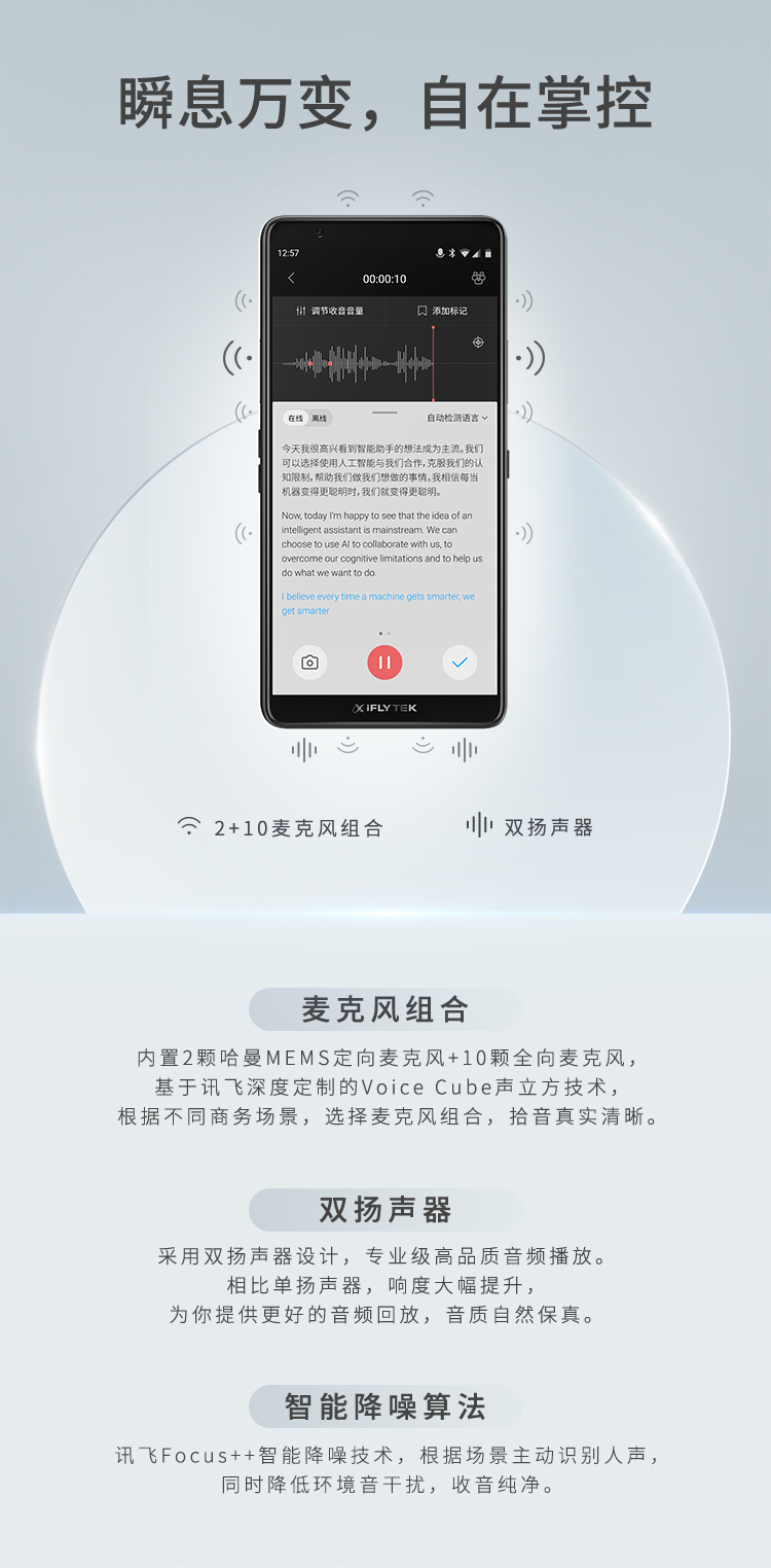 科大讯飞 AI智能录音笔SR901 录音转文字 视频实时翻译 2+10麦克风拾音 OCR识别 离线转写 64G+云储存 钢琴黑