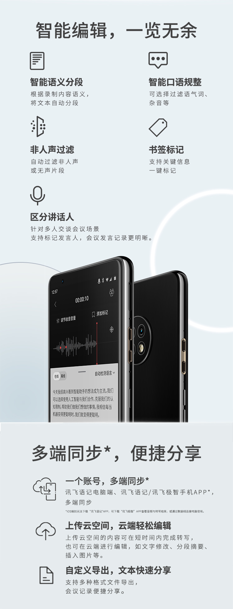 科大讯飞 AI智能录音笔SR901 录音转文字 视频实时翻译 2+10麦克风拾音 OCR识别 离线转写 64G+云储存 钢琴黑