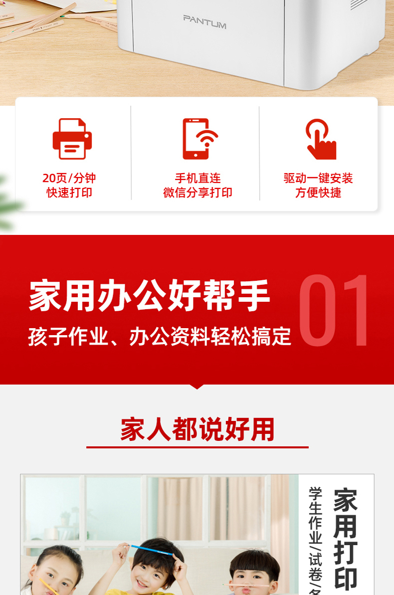 奔图（PANTUM）黑白激光打印机 P2206NW单打印、网络、WIFI 官方标配
