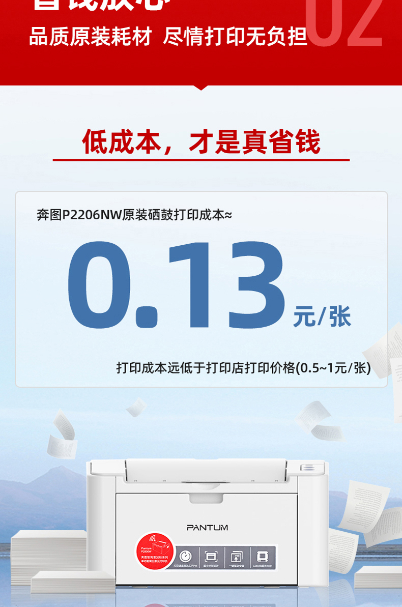 奔图（PANTUM）黑白激光打印机 P2206NW单打印、网络、WIFI 官方标配